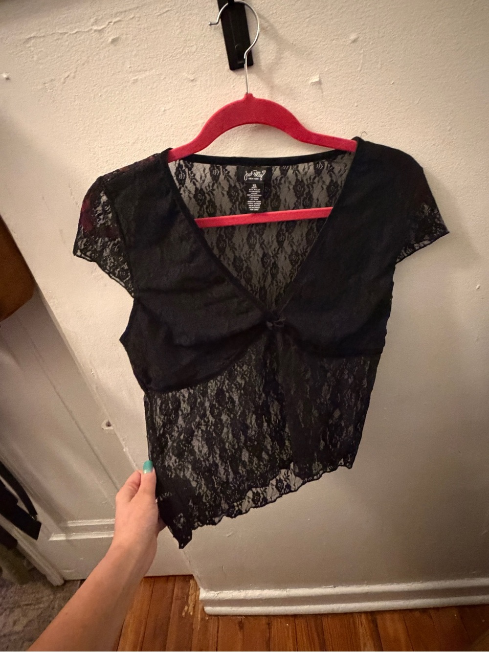 Just Polly Black Floral Lace Tie Front Crop Top Y2K